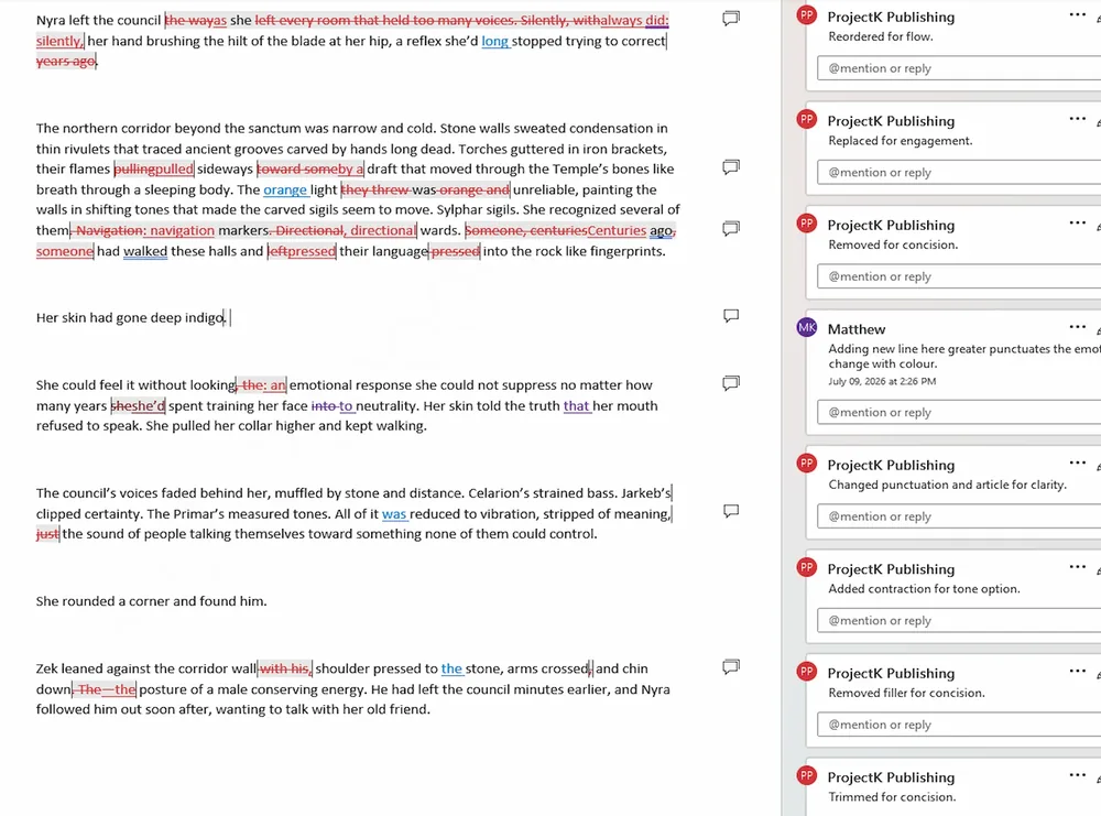 Book editor sample: tracked changes on a fiction manuscript page